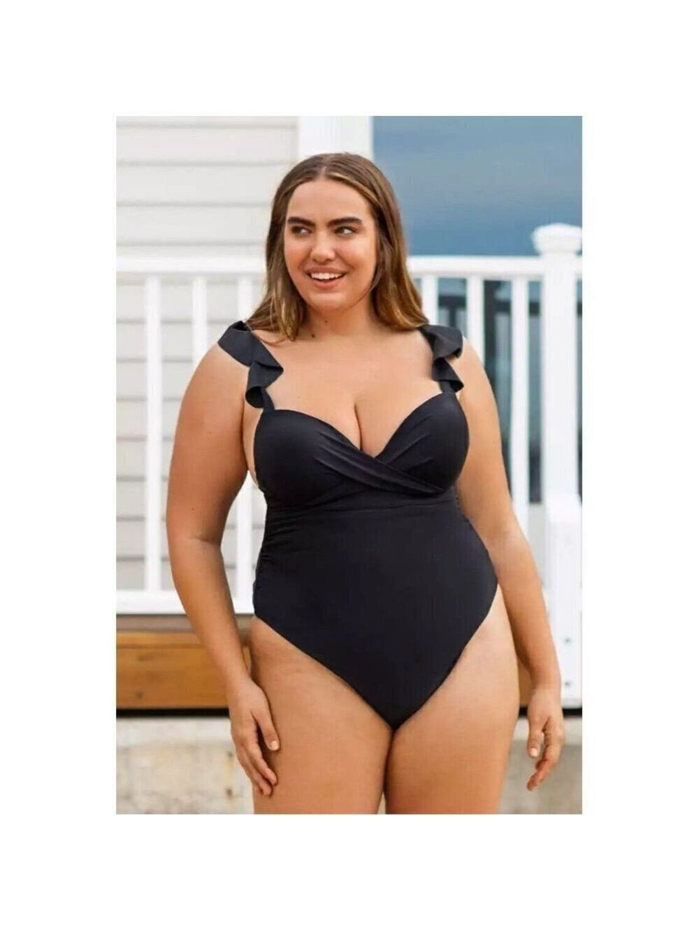 Serena Black Ruffle Black Plus Size One Piece Swimsuit Size 2X
